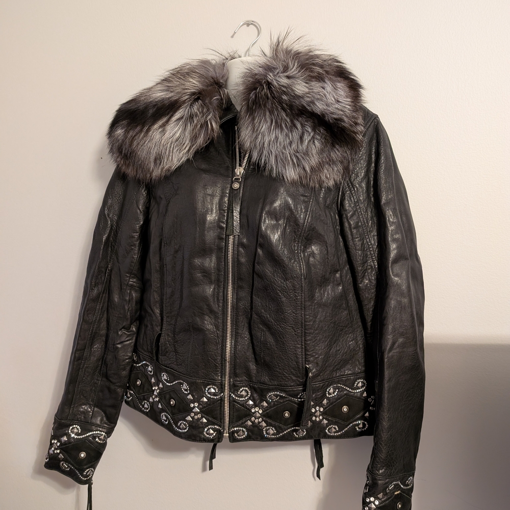 Vintage Harley-Davidson Black and Gray Leather Jacket with Fur Collar